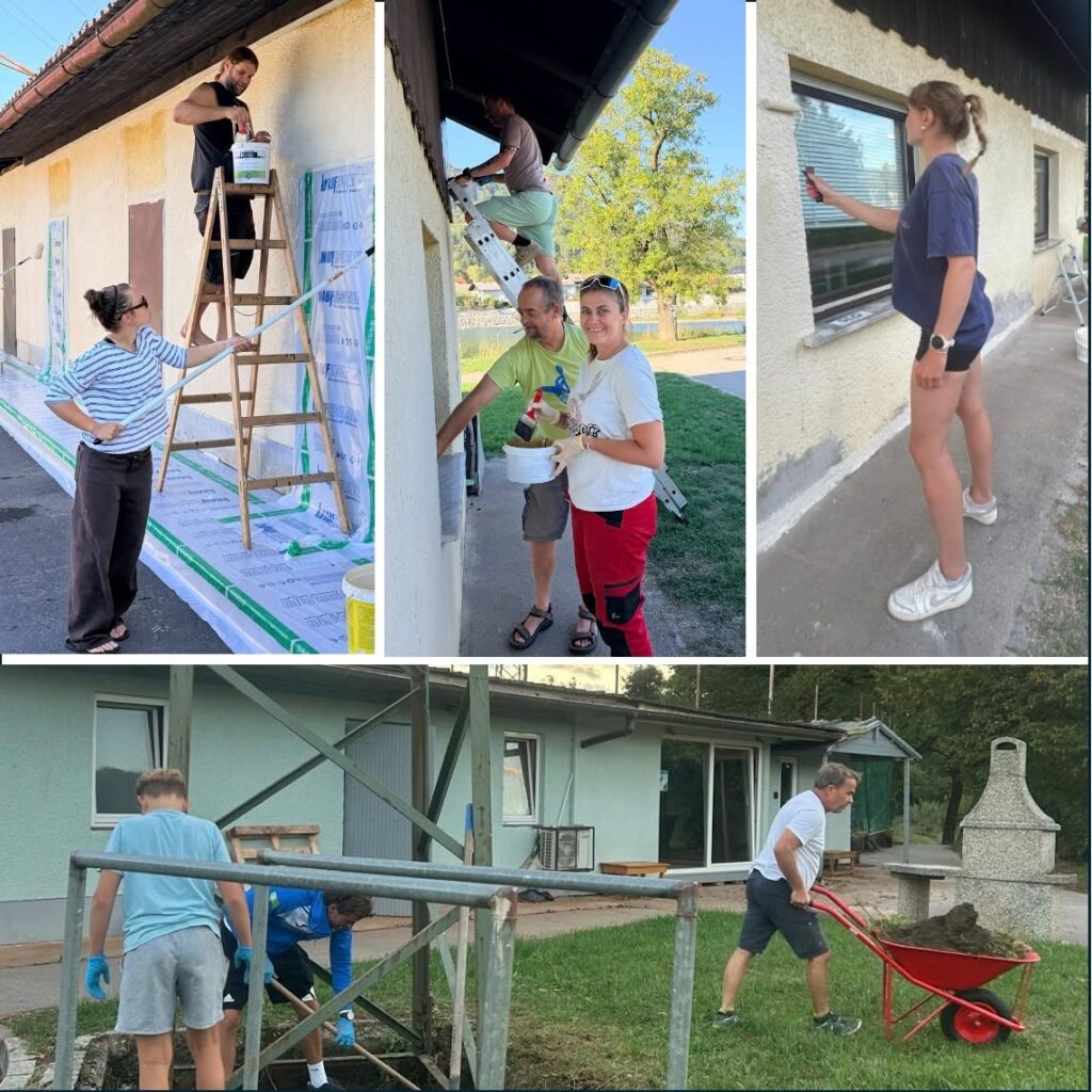Kolaž skupnega dela ob lestvah, čiščenja okna in urejanja okolice s samokolnico.