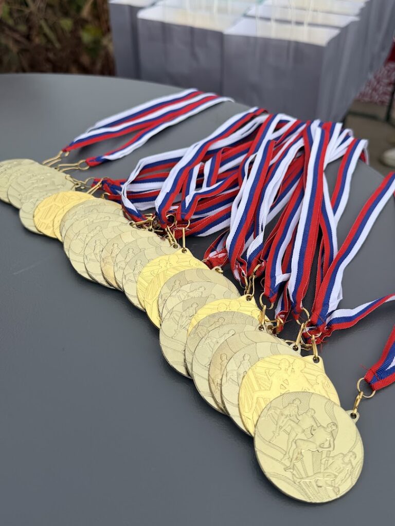 Pokončni detajl vrste medalj z rdeče-belo-modrimi trakovi na sivi mizi.